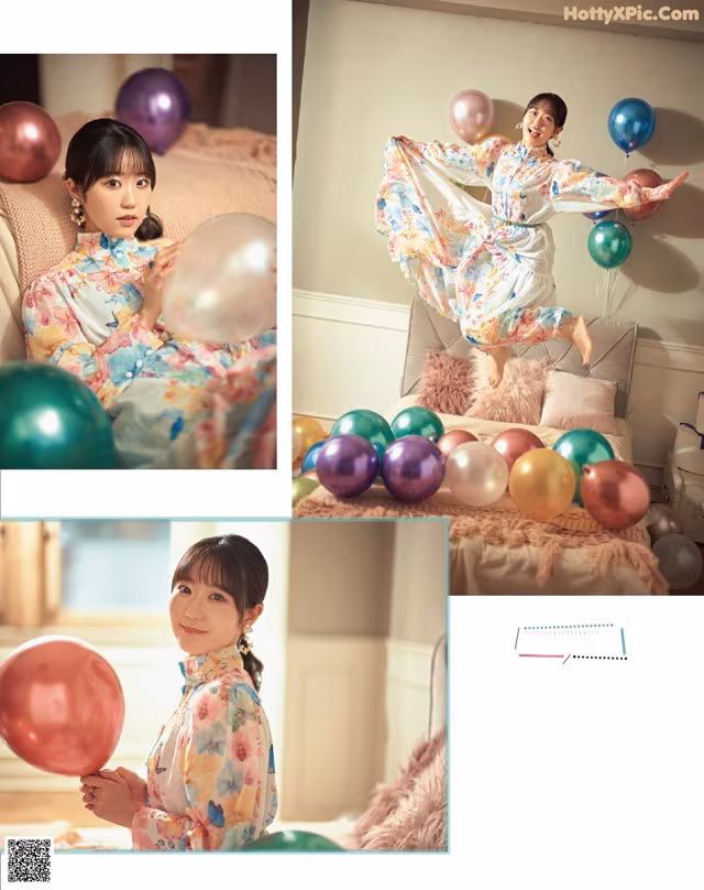A woman sitting on a couch holding a bunch of balloons.