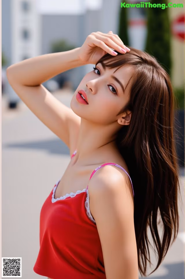 A woman in a red top is posing for a picture.