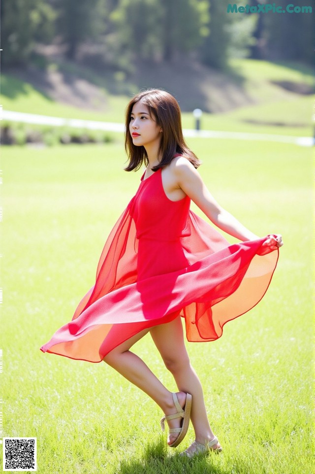 A woman in a red dress is walking in the grass.
